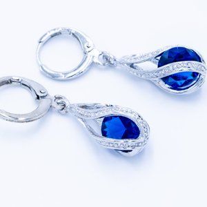 Dark Blue Zircon Silver Drop Earrings